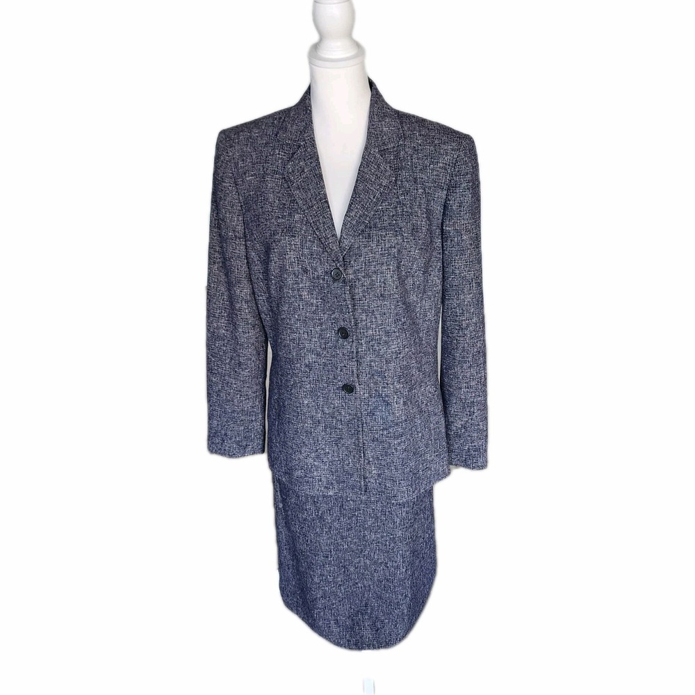 Preston & York 2pc‎ Skirt Suit Set Womens 12 Blue White Business Career Office